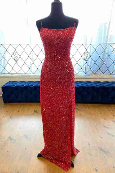 Glitter Red Sequis Long Prom Dresses Cross Back Formal Party Dresses