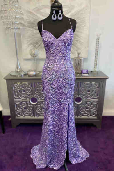 Glitter Lavender Sequins Prom Dresses Long Formal Dress with Slit