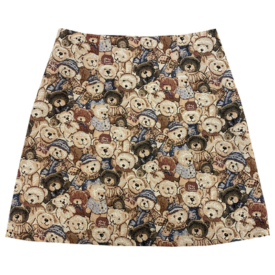 Retro Japanese cute vintage jacquard bear high waist all-match zipper skirt