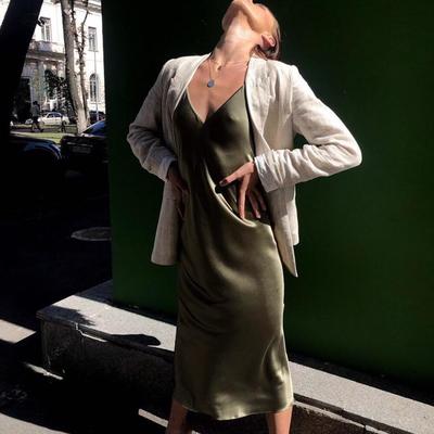 Simple v neck green silk satin prom dresses evening party dresses - Thumbnail 3