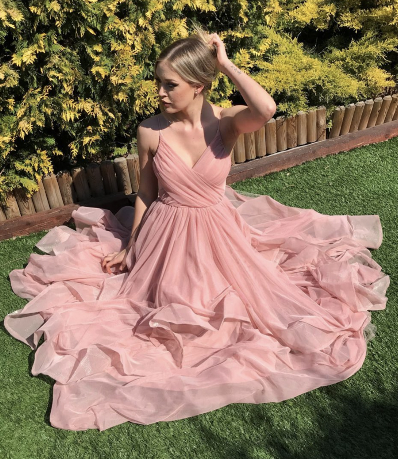 Pink v neck chiffon A line prom dress pink evening dress