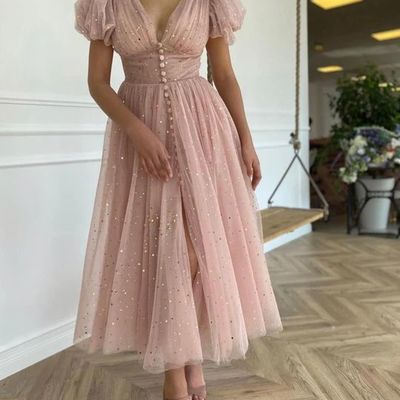 Cute a line v neck ruffled sleeves sparkly tulle prom dresses - Thumbnail 1