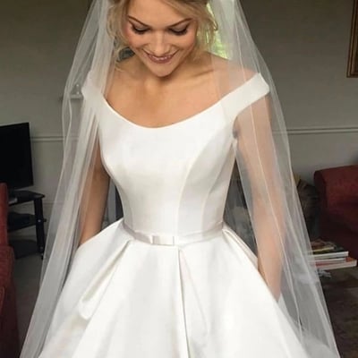 Simple satin wedding dresses a-line bridal dress with pockets - Thumbnail 2