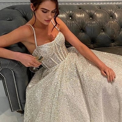 Glitter wedding dress a line shiny straps beaded bride gowns - Thumbnail 2