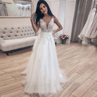 V-neck appliques long bride dress a line tulle open back beach wedding gown  - Thumbnail 3