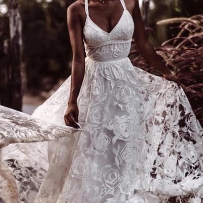 Boho a-line lace wedding dress with slit cross back bride gown - Thumbnail 4