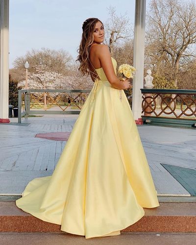 Yellow V-Neck Satin Prom Dress with Pockets,Backless Party Dress,Evening Dress,400
