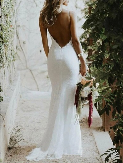 Backless Mermaid Spaghetti Straps Lace Backless Wedding Dresses Beach Bridal Dresses,401