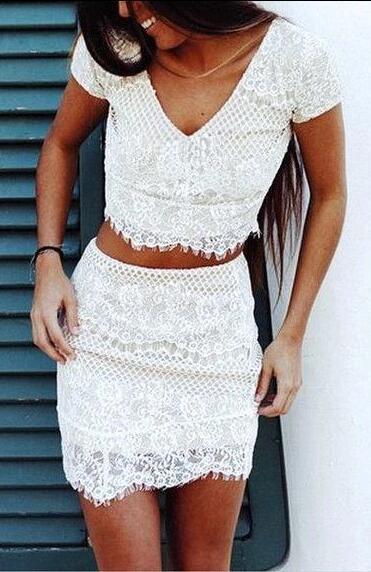 Charming Sleeveless White Lace Homecoming Dress,Two Pieces Prom Dress,937
