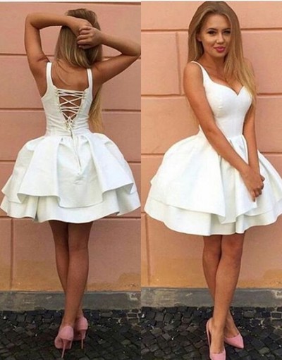 Fashion Ball Gown V-Neck Crisscross Back White Short Homecoming Dresses,Freshman Homecoming Dresses,415