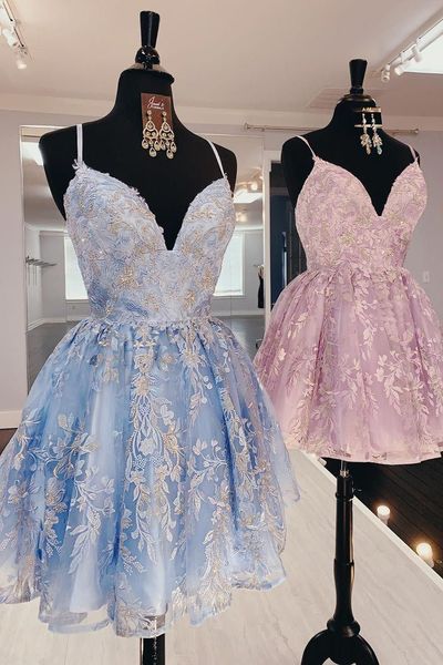Fancy V-neck Homecoming Party Dress,V-Neck Juniors' Dress,Spaghetti Straps Graduation Dress,416