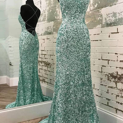 Sparkle mermaid scoop neck cross back mint sequin long prom dresses - Thumbnail 5