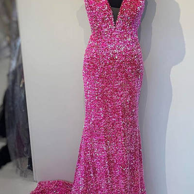 Mermaid v neck hot pink sequin glitter sparkle prom dresses - Thumbnail 5