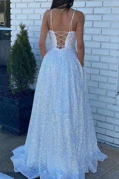 A-Line Scoop Neck Cross Back White Sequin Prom Dresses with Pockets