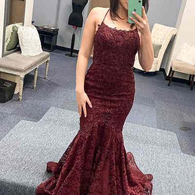 Mermaid scoop neck burgundy lace long prom dresses - Thumbnail 3