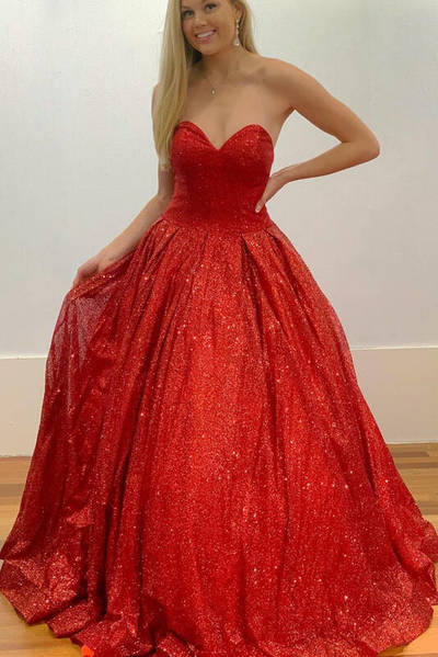 Ball Gown Sweetheart Red Sequin Prom Dresses