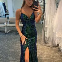 Sheath V Neck Straps Dark Green Sequins Evening Party Dresses, Split Prom Dresses - Thumbnail 1
