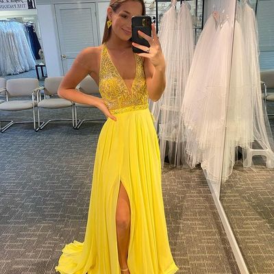 Cute a line v neck straps yellow chiffon prom dresses with beading, split party dresses - Thumbnail 2
