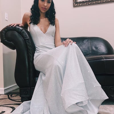 Sparkly mermaid v neck cross back silver glitter prom dresses - Thumbnail 5