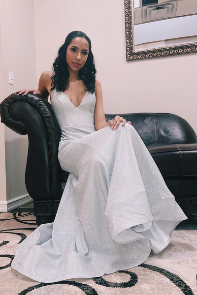 Sparkly Mermaid V Neck Cross Back Silver Glitter Prom Dresses