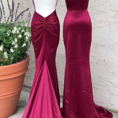 Sexy mermaid dark red satin backless prom dresses evening dresses - Thumbnail 1