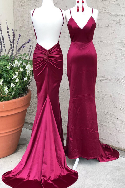 Sexy Mermaid Dark Red Satin Backless Prom Dresses Evening Dresses