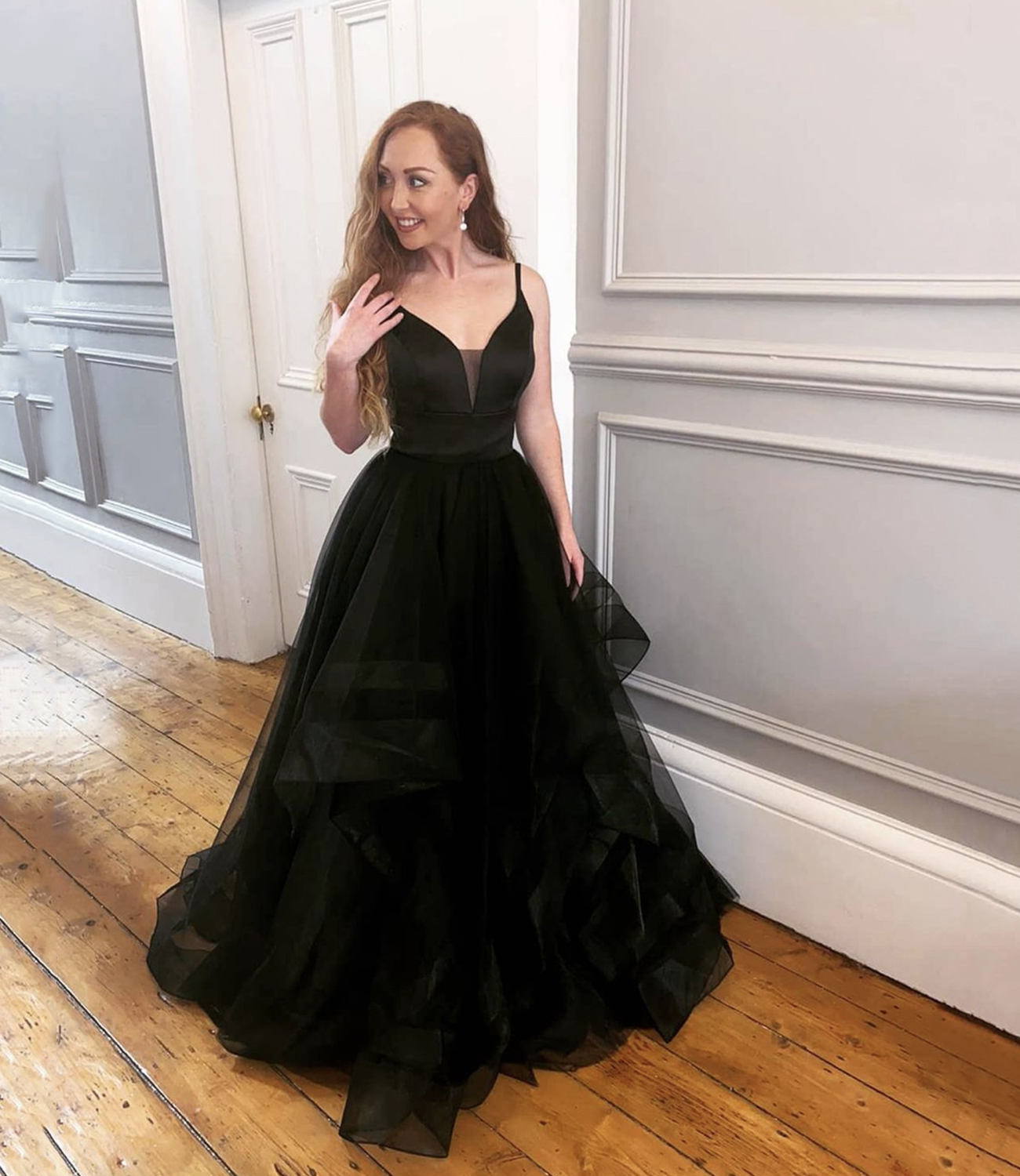 Black tulle long A line prom dress black evening dress