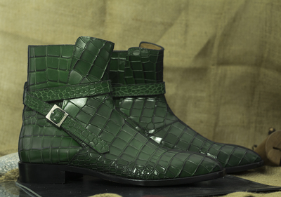 Men's Brown Alligator Leather shoes, Jodhpurs Buckle Boots Ankle Boots