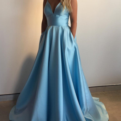 Elegant a-line v neck blue satin long prom dresses with pockets - Thumbnail 4