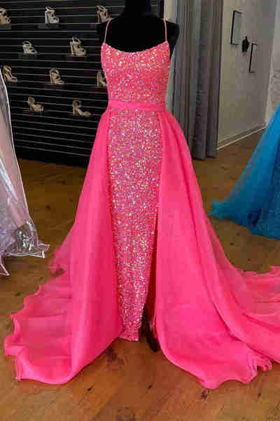 Mermaid Scoop Neck Cross Back Hot Pink Sequin Detachable Train Long Prom Dresses