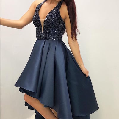 Charming a-line v neck navy blue satin high low prom dresses with beading - Thumbnail 4