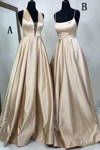2 Styles Champagne Satin Long Prom Dresses
