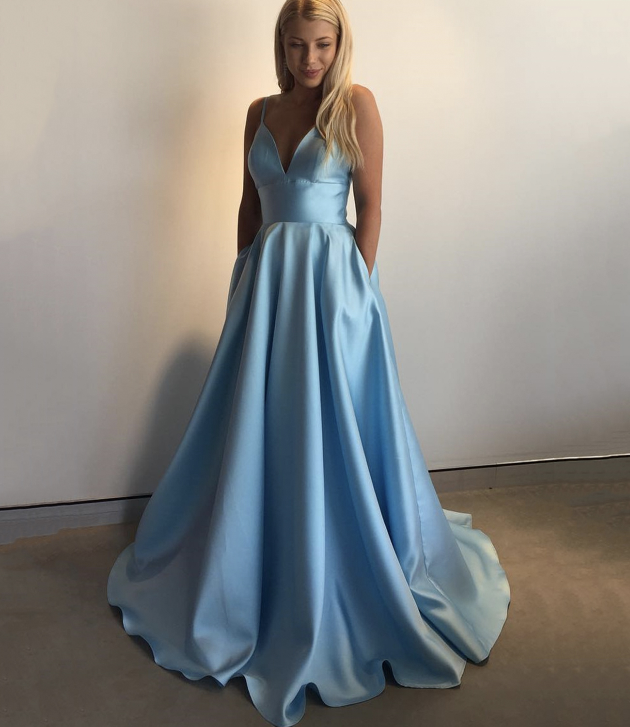 Blue v neck satin long A line prom dress evening dress