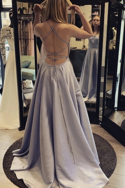 Simple A-Line Scoop Neck Cross Back Silver Satin Long Prom Dresses