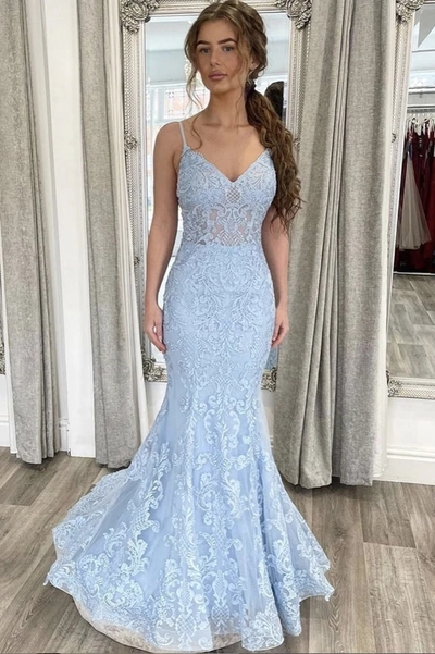 Mermaid V Neck Spaghetti Straps Light Blue Lace Long Prom Dresses