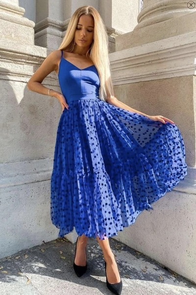A-Line V Neck Royal Blue Midi Length Prom Dresses Evening Dresses