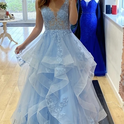 Ball gown v neck blue tulle lace prom dresses formal dresses - Thumbnail 4