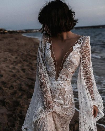 Bohemian Mermaid Lace Long Sleeves Beach Wedding Dresses, Bridal Dresses