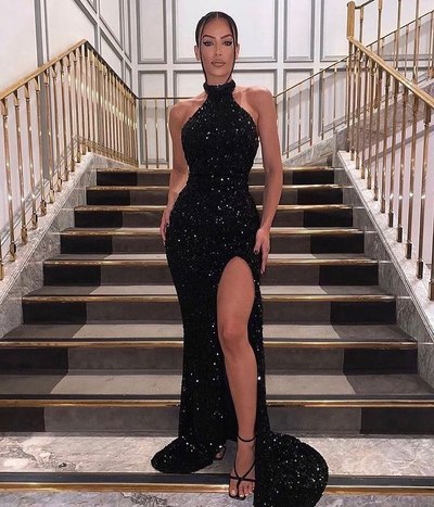 Sparkly Mermaid Halter Black Sequins Long Prom Dresses Split, Evening Party Dresses