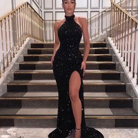 Sparkly Mermaid Halter Black Sequins Long Prom Dresses Split, Evening Party Dresses - Thumbnail 1