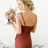 Simple Sheath V Neck Light Champagne Silk Satin Long Bridesmaid Dresses with Side Slit - Thumbnail 1