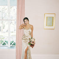 Simple Sheath V Neck Light Champagne Silk Satin Long Bridesmaid Dresses with Side Slit - Thumbnail 2