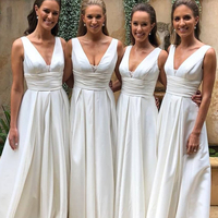 Elegant A-Line V Neck White Satin Long Bridesmaid Dresses - Thumbnail 1