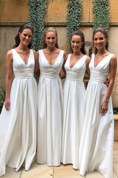 Elegant A-Line V Neck White Satin Long Bridesmaid Dresses