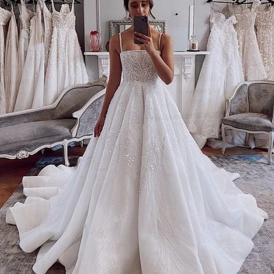 Luxurious glitter ball gown strapless white organza wedding dresses with beading - Thumbnail 2