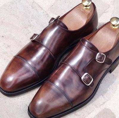 New Handmade Brown Double Monk Strap Cap Toe Leather Shoes