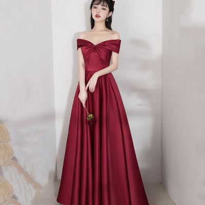 Burgundy satin long a line prom dress evening dress - Thumbnail 4
