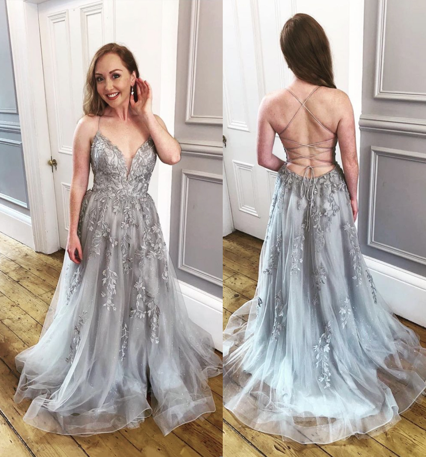 Gray tulle lace long A line prom dress evening dress