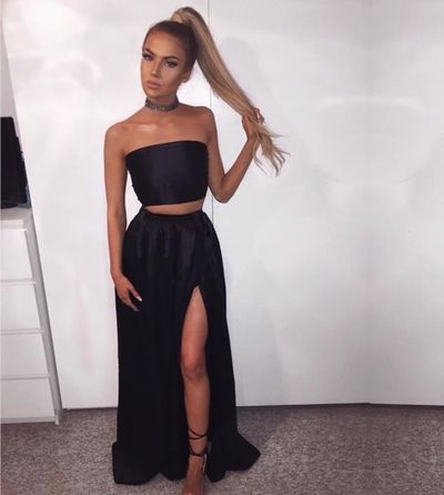 Sexy Two Piece Black Prom Dresses Evening Party Dresses with Slit