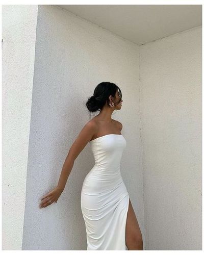 Sexy Mermaid Strapless Floor Length White Prom Dresses Evening Dresses with Slit